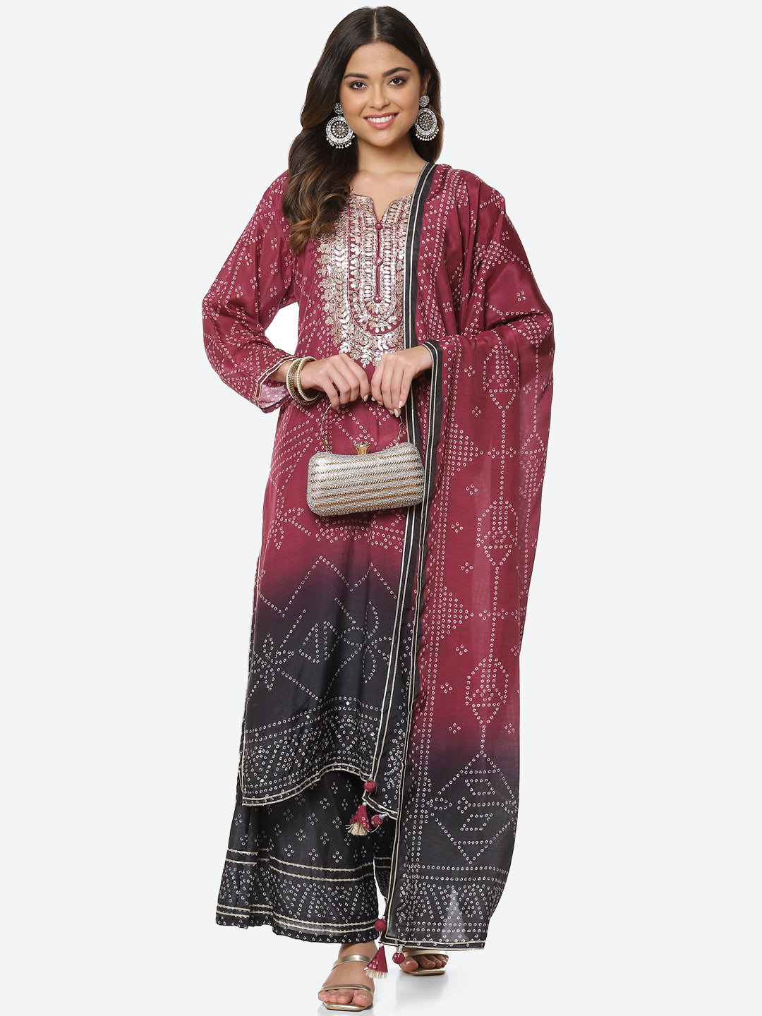 Printed Gota Neck Cotton Kurta With Palazzo &amp; Dupatta