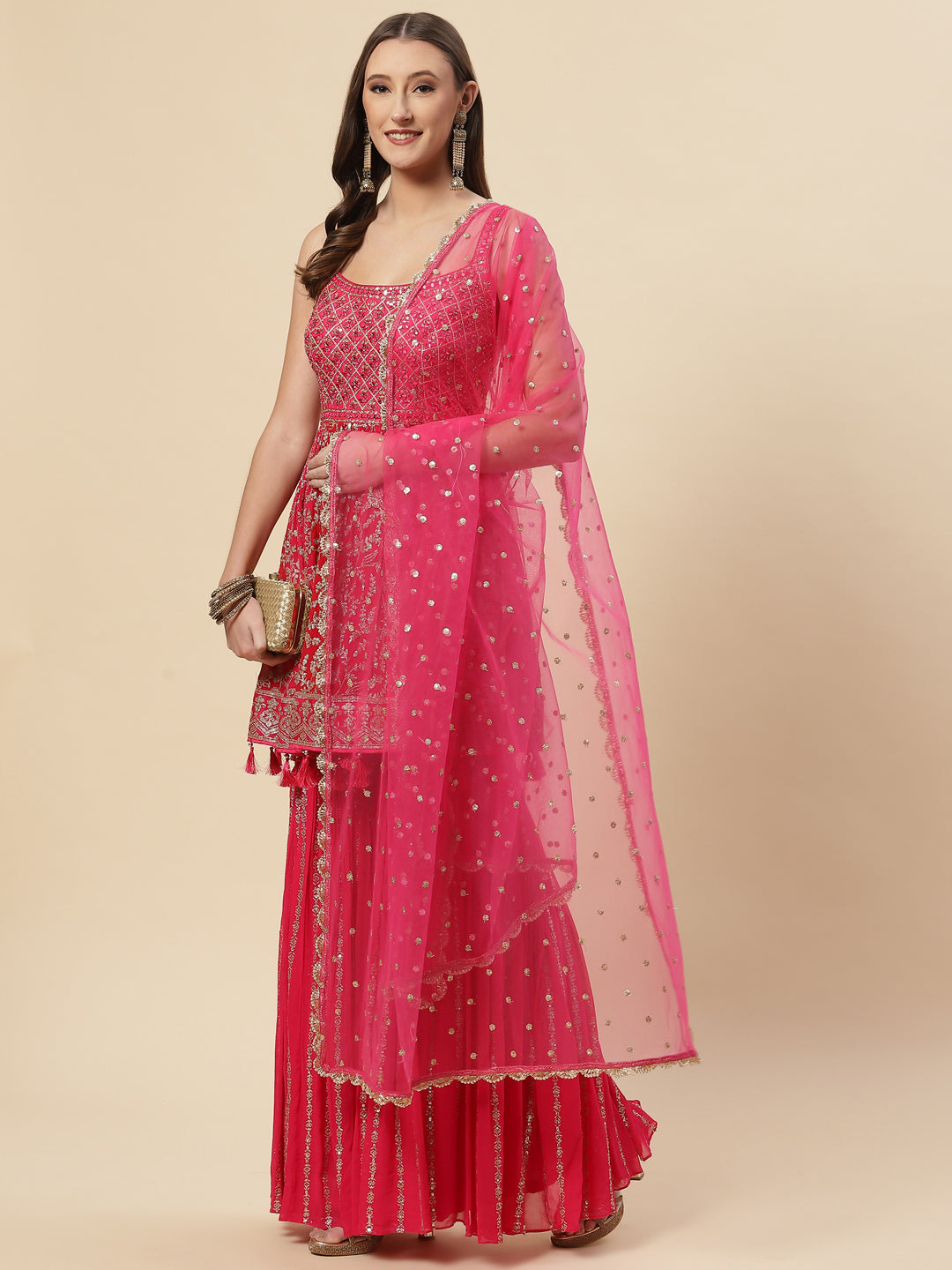 Sequin Embroidered Crepe Kurti With Garara &amp; dupatta