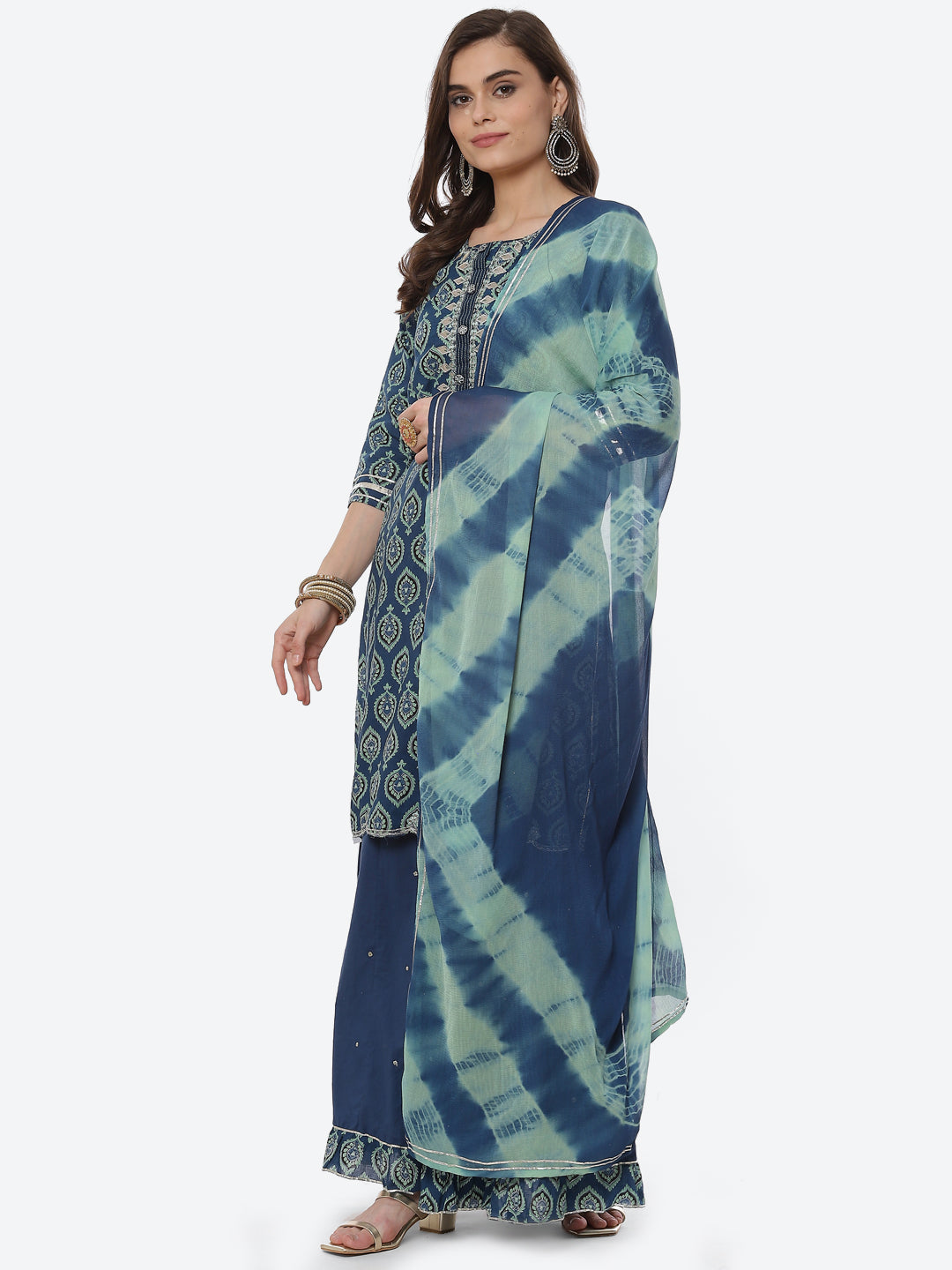 Printed Cotton Kurta With Garara & Chiffon Dupatta