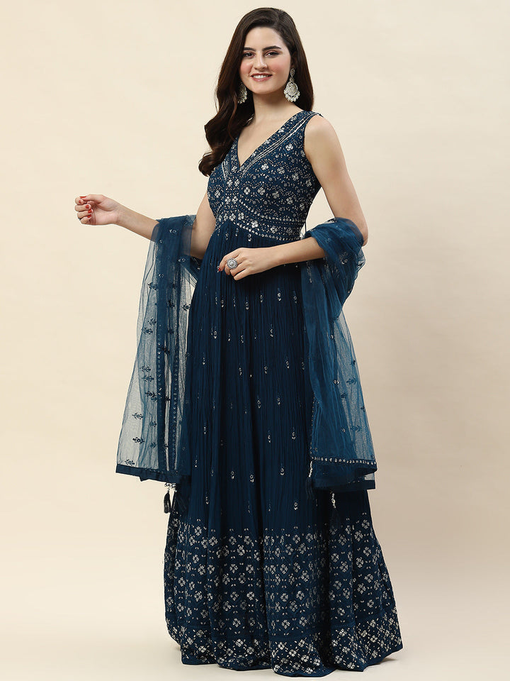Sequin Embroidery Georgette Kurta With Palazzo &amp; Dupatta