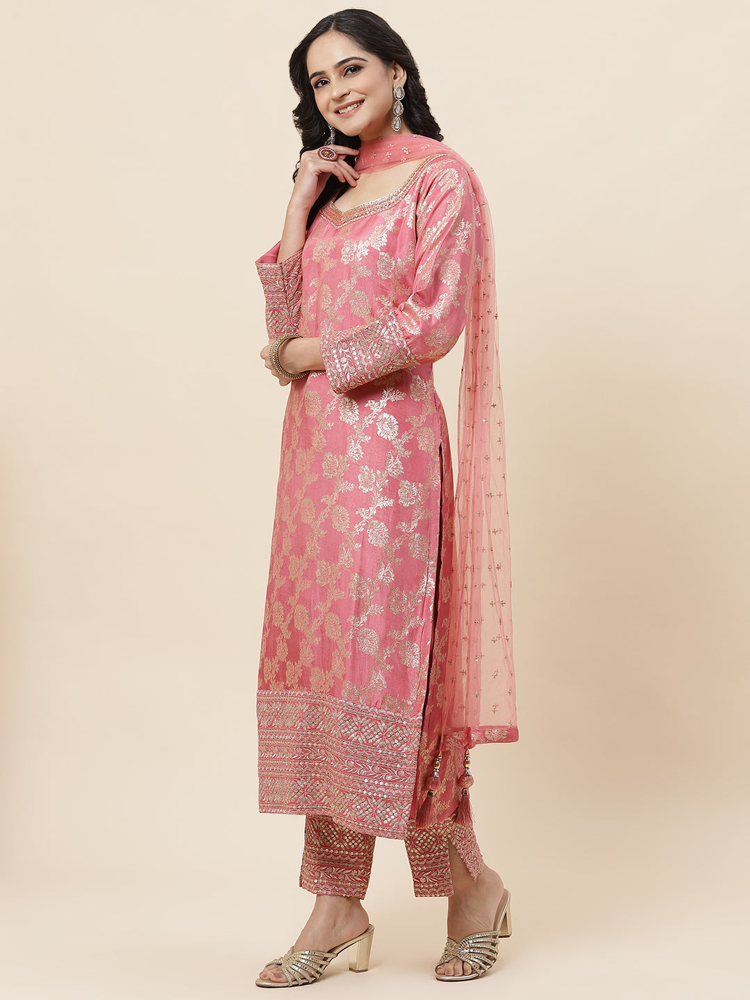 Floral Woven Handloom Kurta With Pants &amp; Dupatta