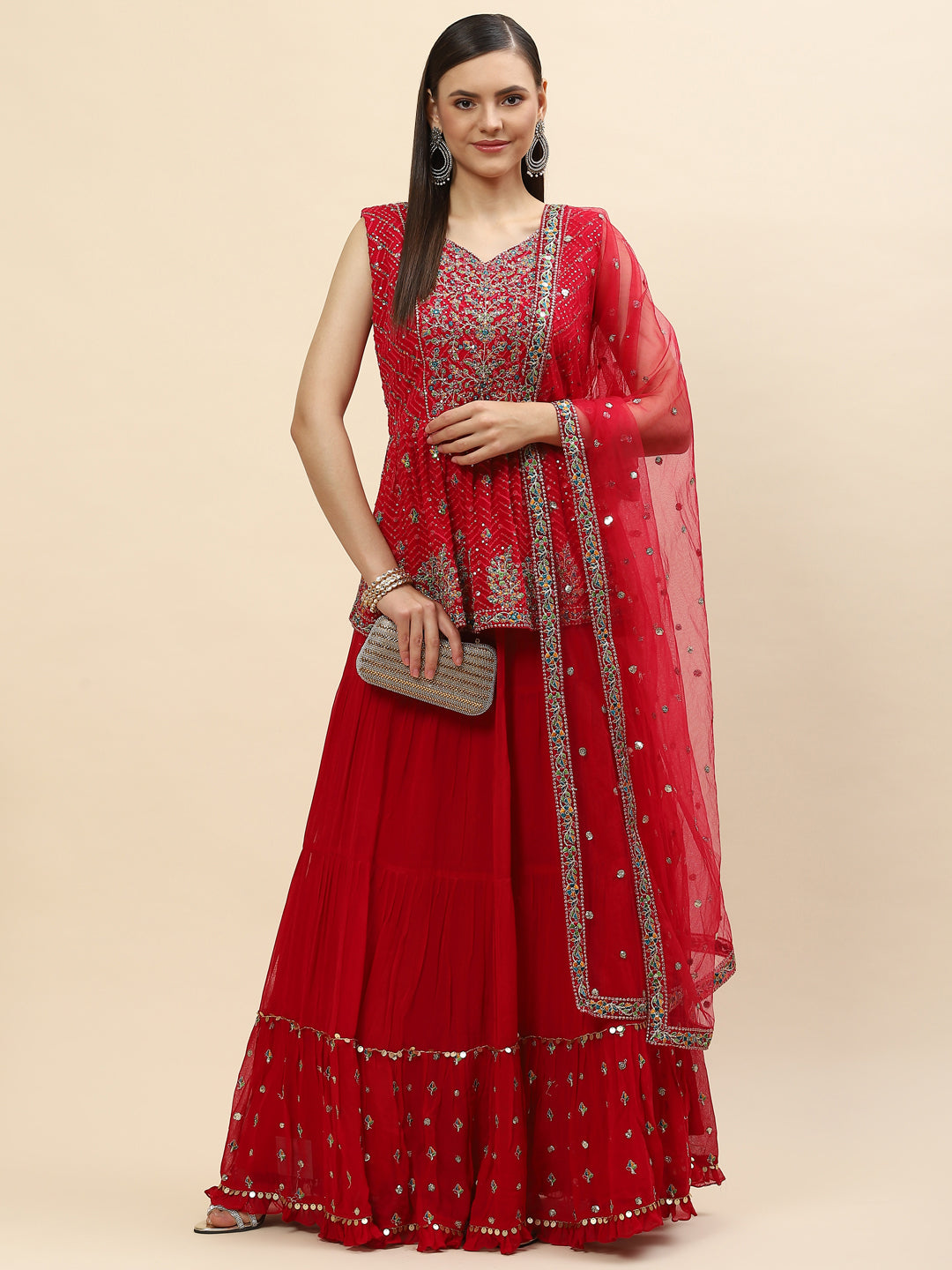 Sequin Embroidered Georgette Peplum Choli With Lehenga &amp; Dupatta
