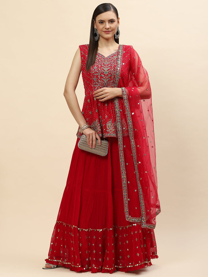 Sequin Embroidered Georgette Peplum Choli With Lehenga &amp; Dupatta