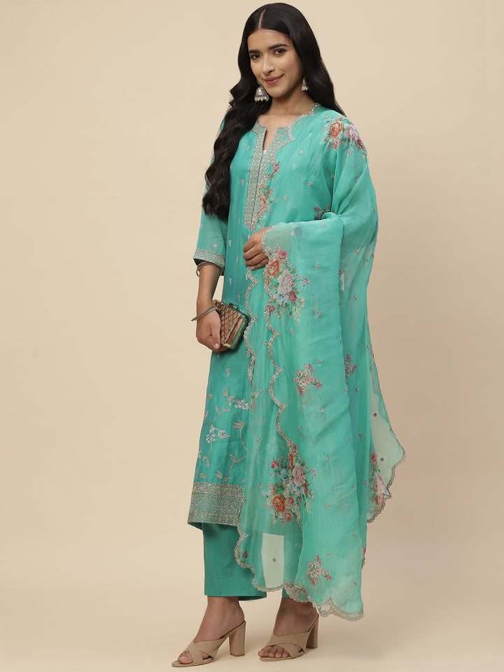 Resham Booti Cotton Kurta With Pants &amp; Dupatta