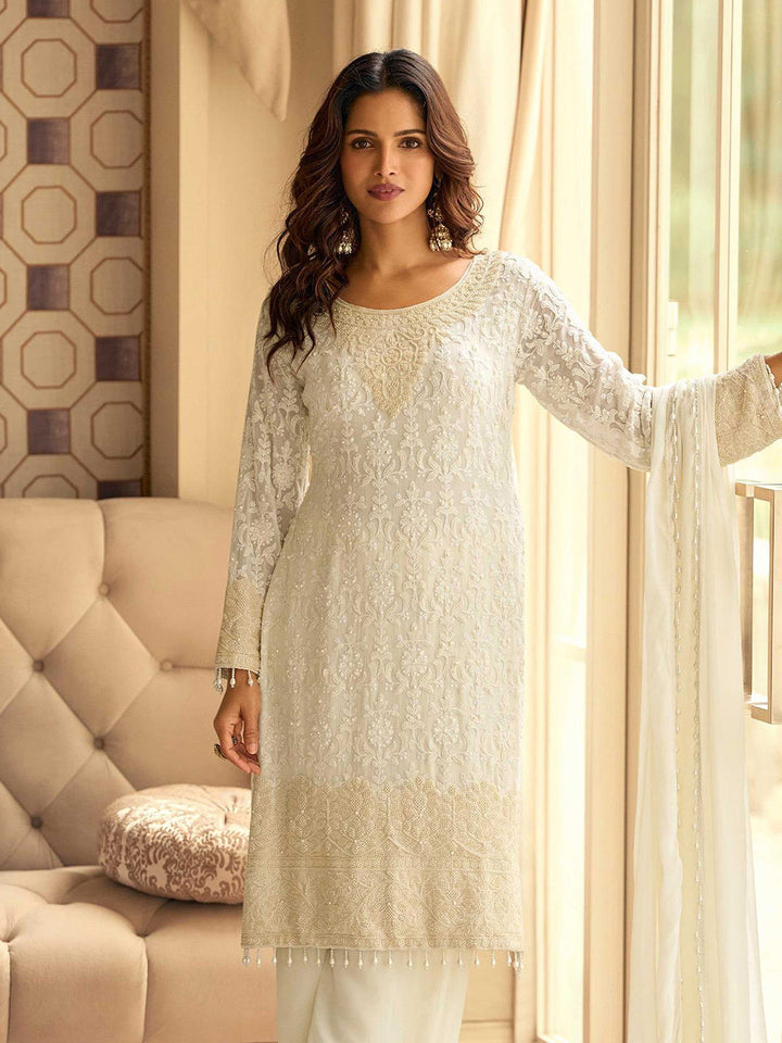 Embroidered Geogrette Kurta With Plazzo &amp; Dupatta