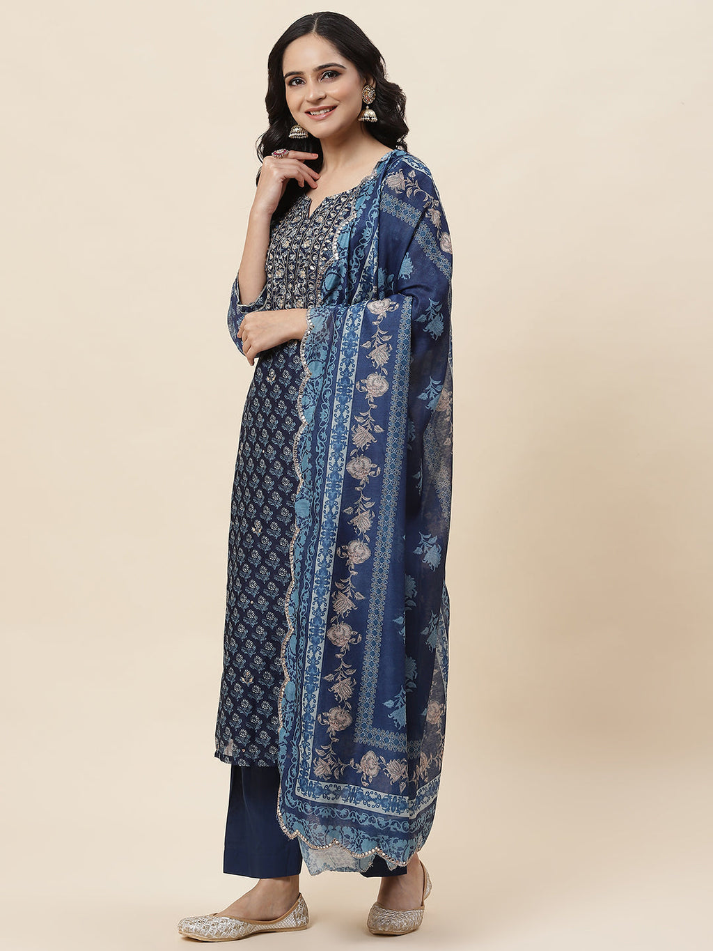 Floral Printed Chanderi Kurta With Pants & Dupatta