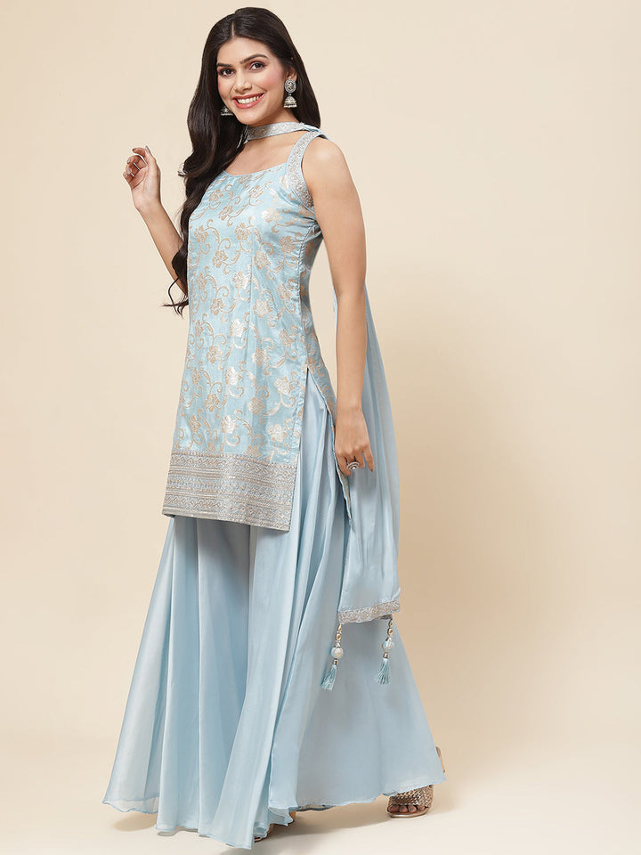 Floral Woven Georgette Kurta With Sharara &amp; Dupatta