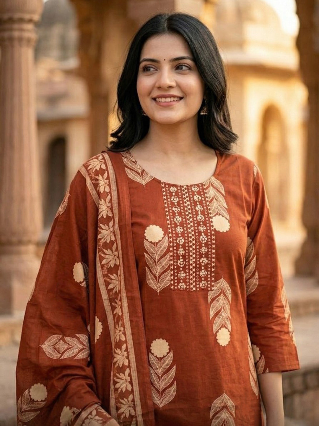 Red Embroidered Cotton Blend Straight Suit Set With Dupatta