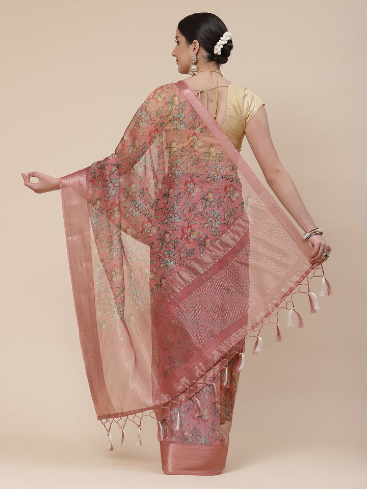 Floral Digital Printed Zari Border Organza Saree