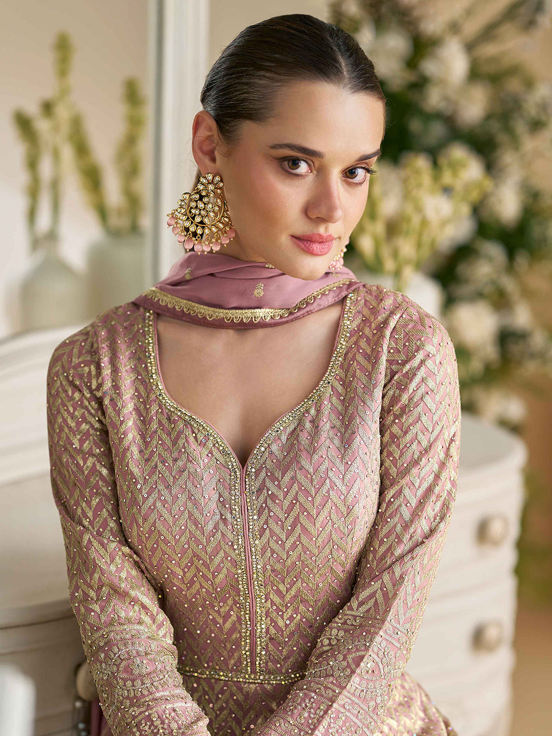 Embroidered Georgette Gown With Dupatta