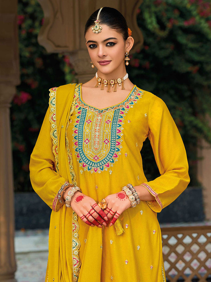 Embroidered Chinon Kurti With Plazzo &amp; Dupatta