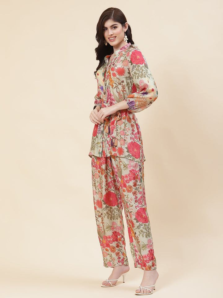 Floral Printed Crepe Co-Ord Set With Belt