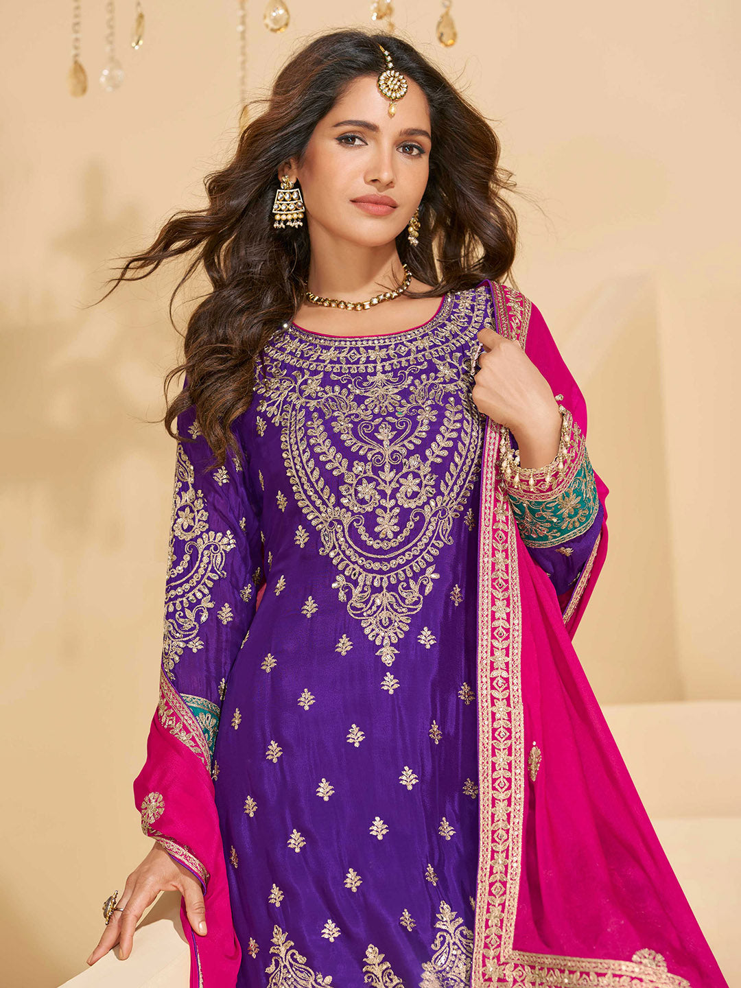 Embroidered Chinon Suit With Pant &amp; Dupatta