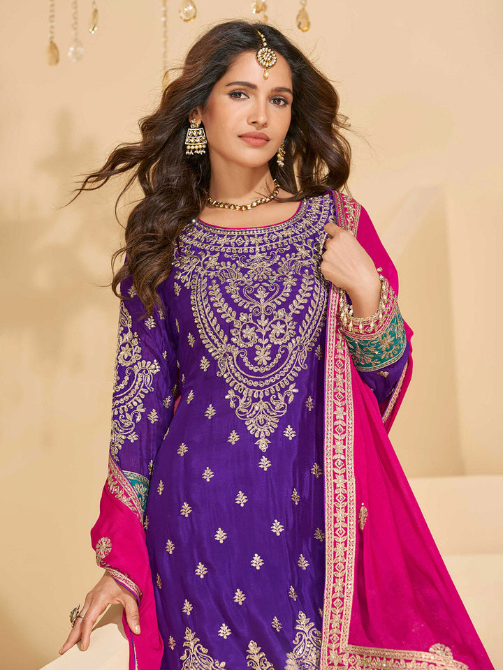 Embroidered Chinon Suit With Pant &amp; Dupatta
