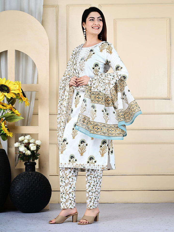 Printed Cotton Blend Kurta With Pants &amp; Dupatta