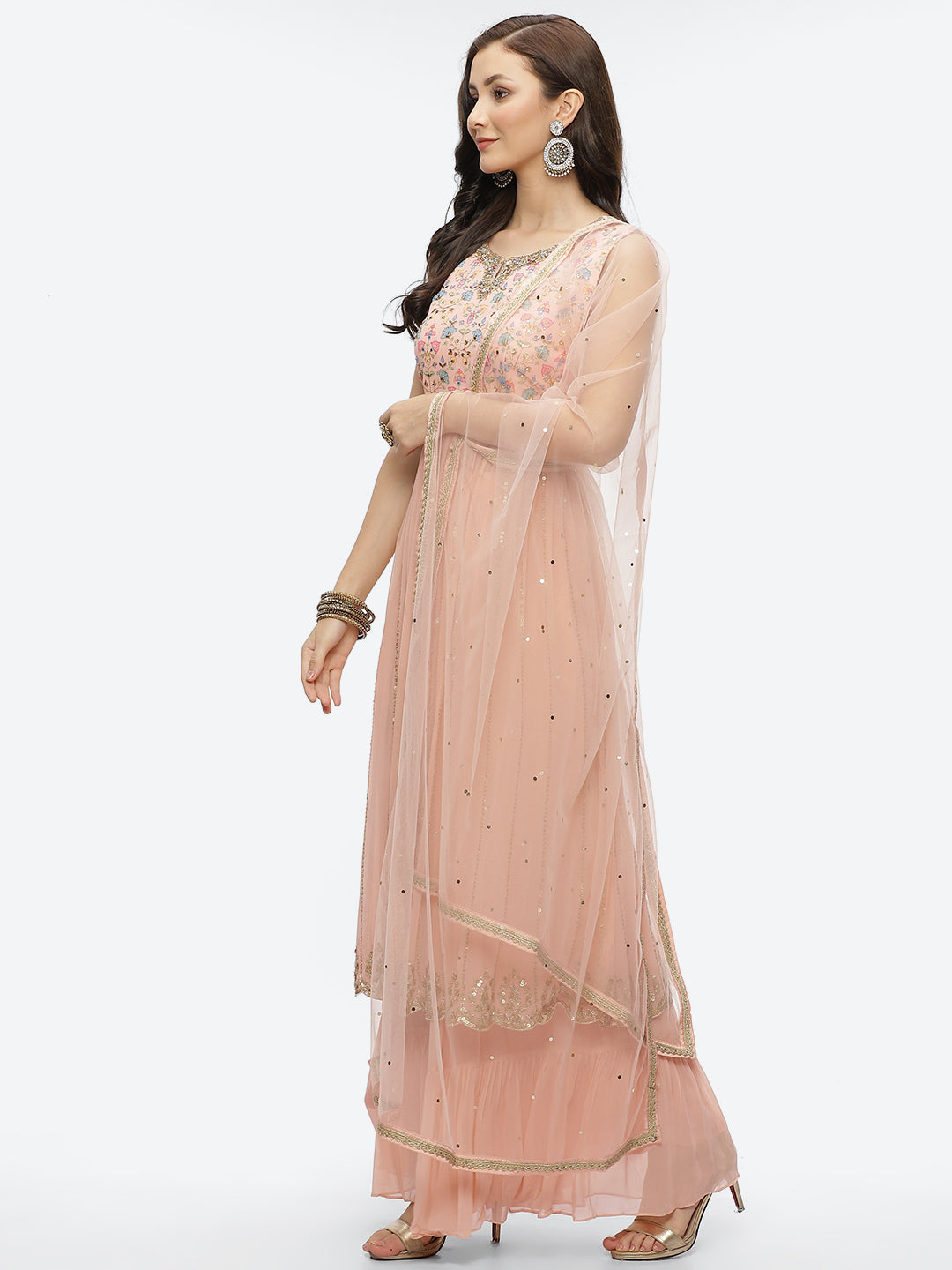 Zari Embroidered Georgette Kurta With Palazzo & Dupatta