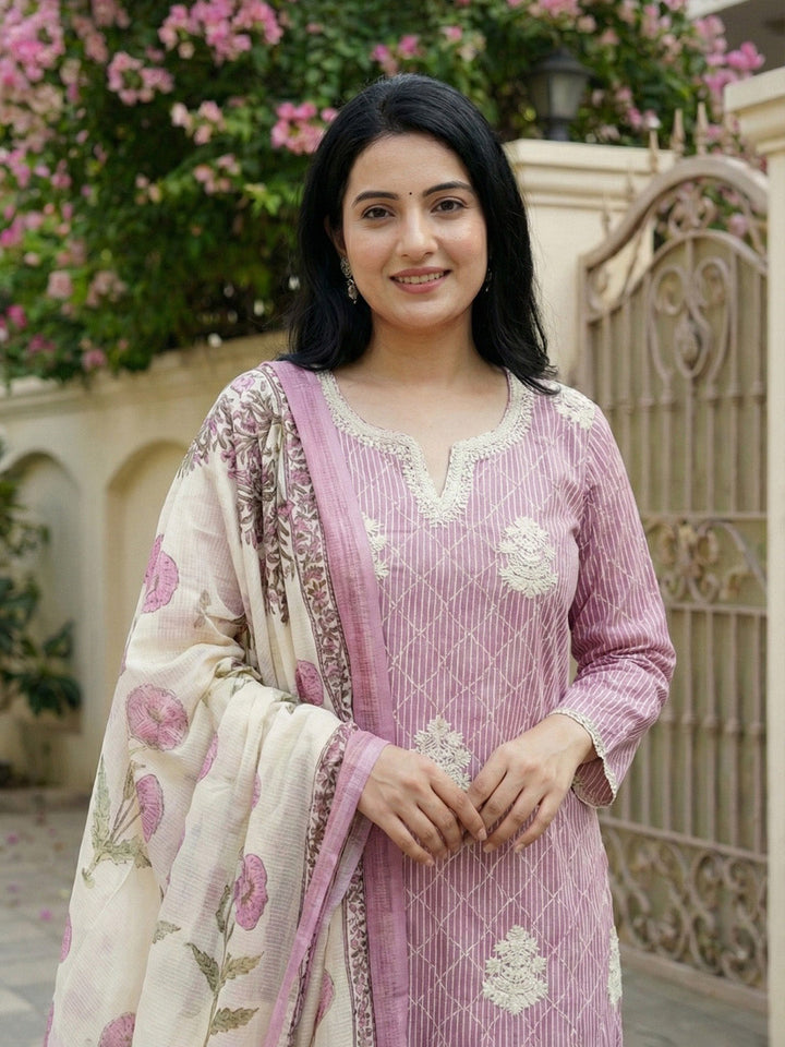 Purple Cotton Blend Printed Straight Suit Set