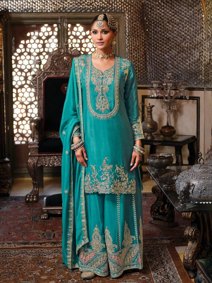 Embroidered Chinnon Kurta With Gharara &amp; Dupatta