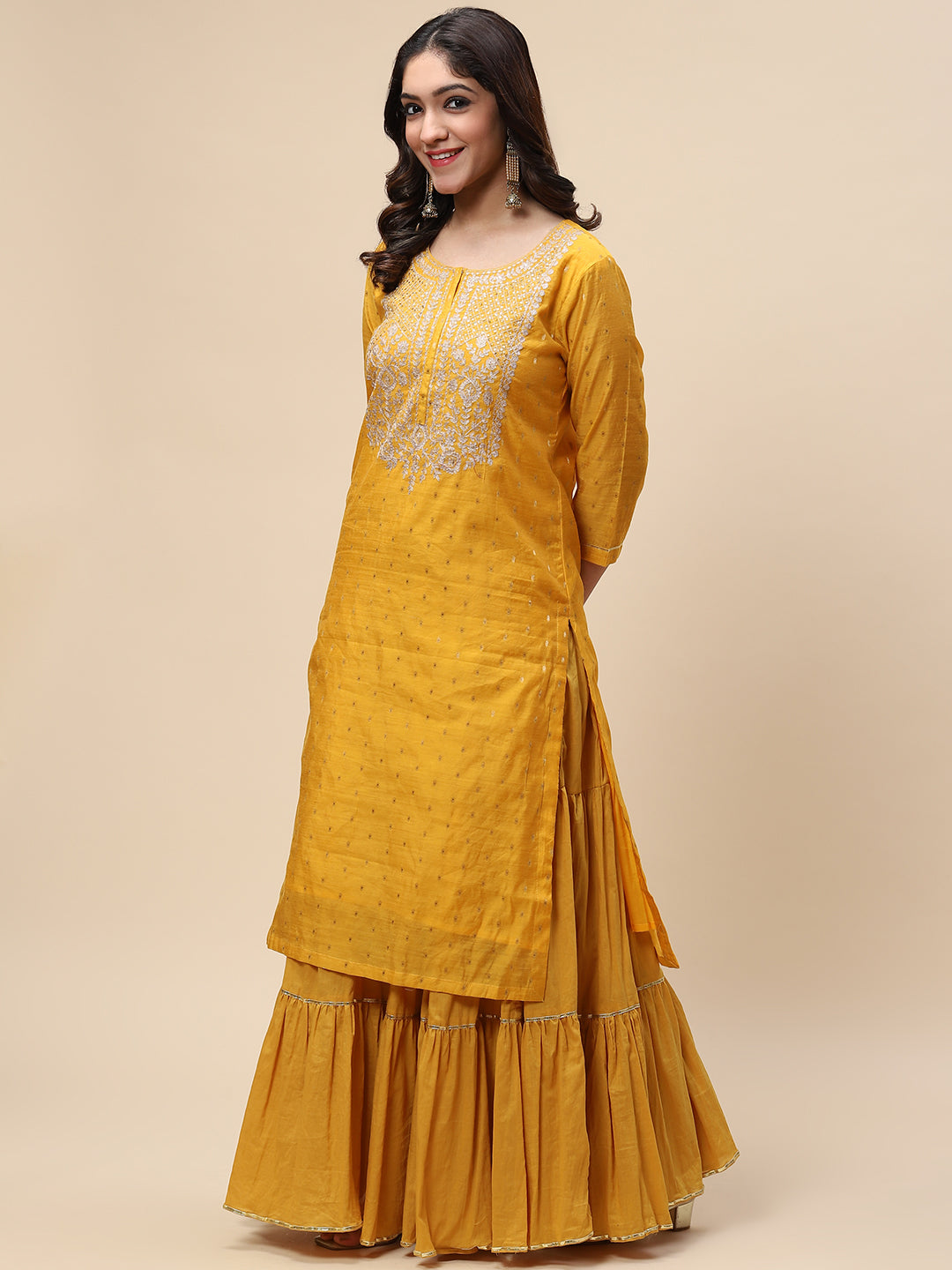 Neck Embroidered Woven Chanderi Kurta With Skirt