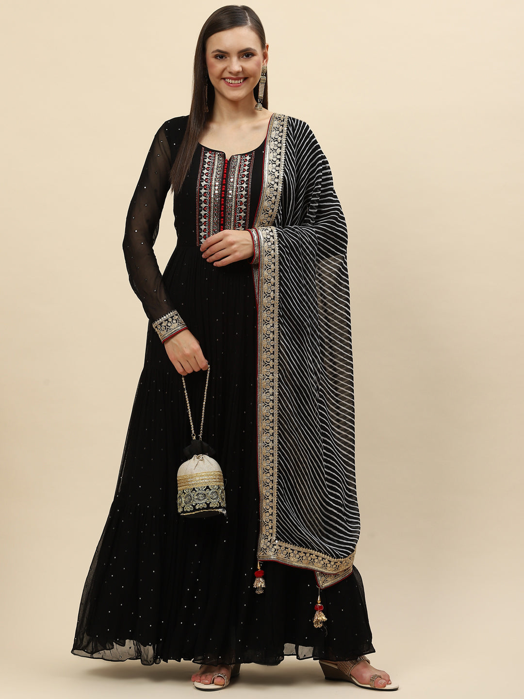 Resham Mirror Booti Georgette Kurta With Churidar &amp; Dupatta