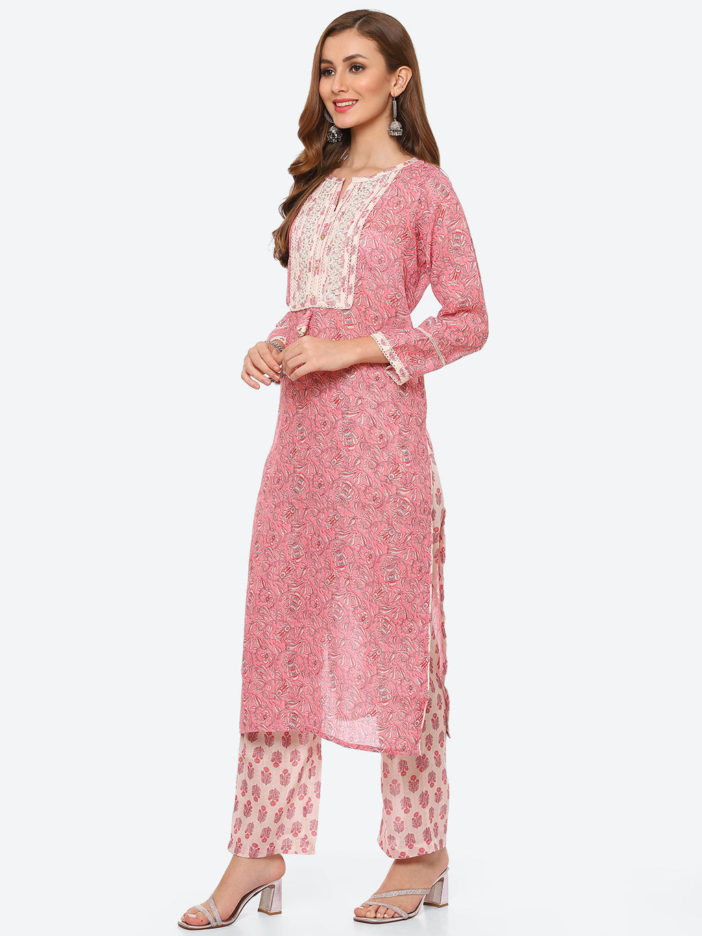 Zari Embroidered Printed Cotton Kurta With Pant