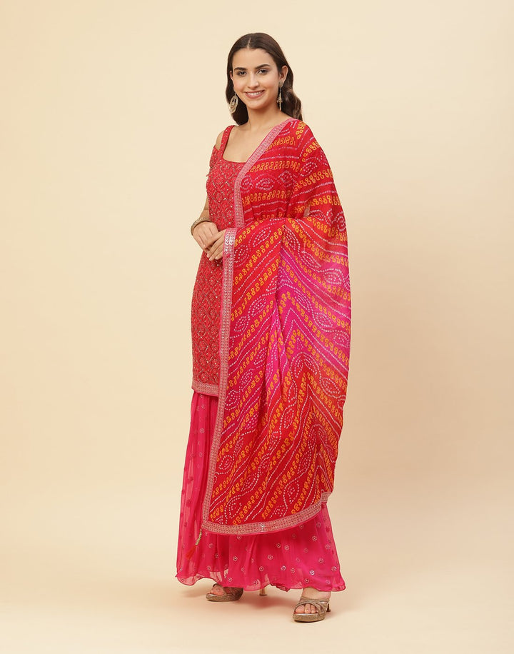 Embroidered Mirror Work Georgette Salwar Kameez Stitched Suit With Bandhini Dupatta