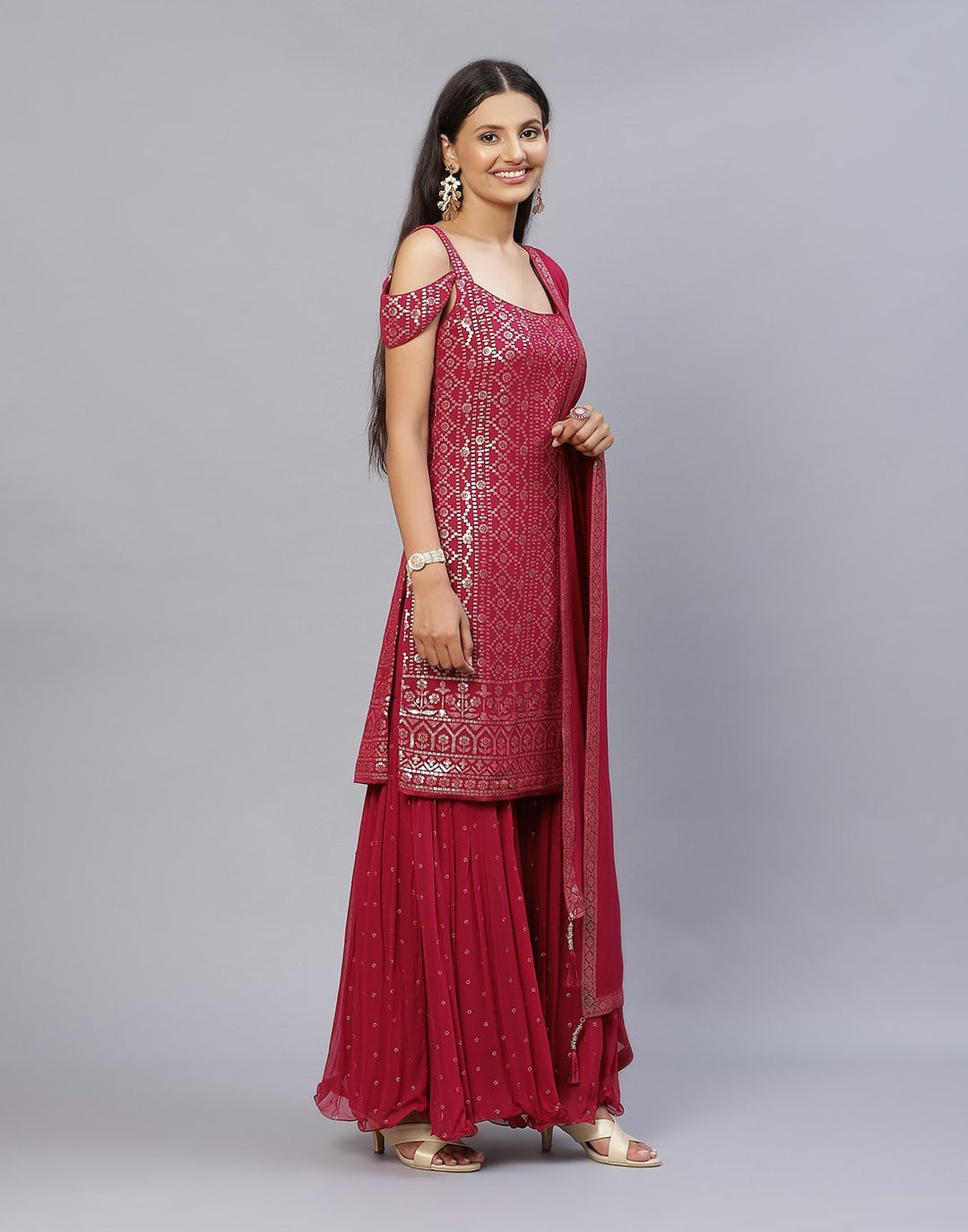 Wine Georgette Salwar Kameez Stitched Suit