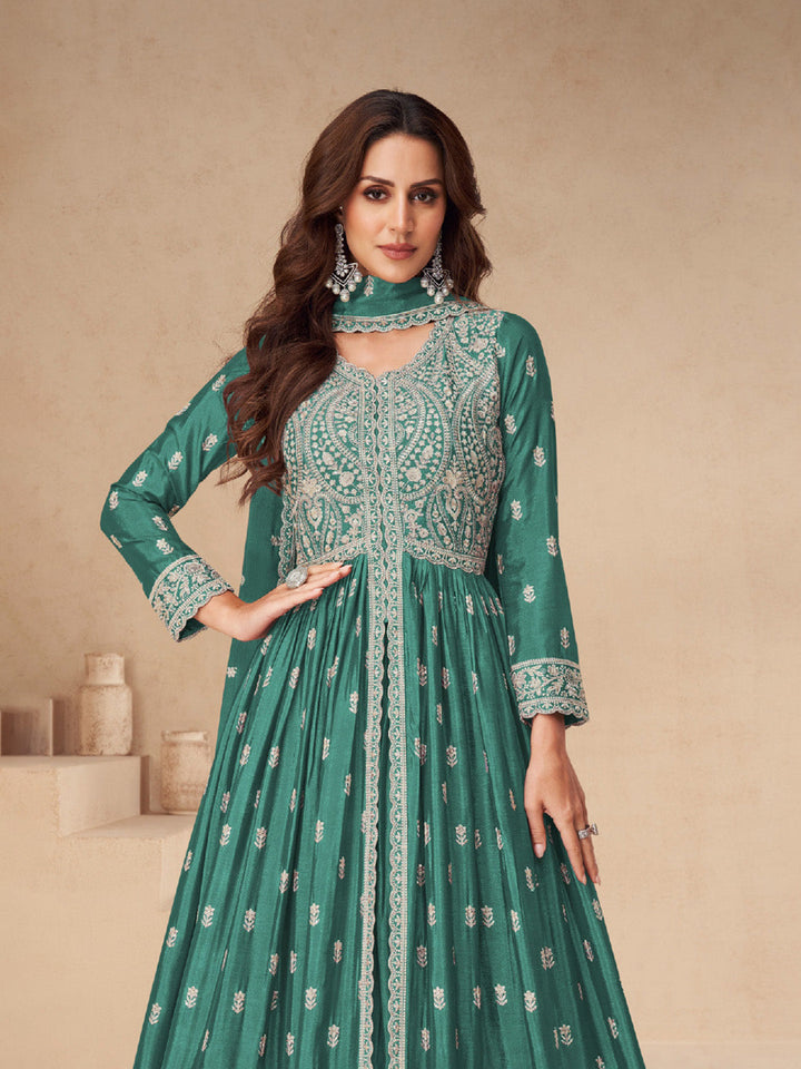 Embroidered Chinon Silk Gown With Plazzo &amp; Dupatta