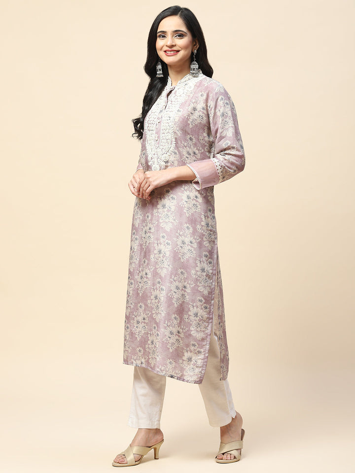 Printed With Resham Neck Embroidered Cotton Kurta