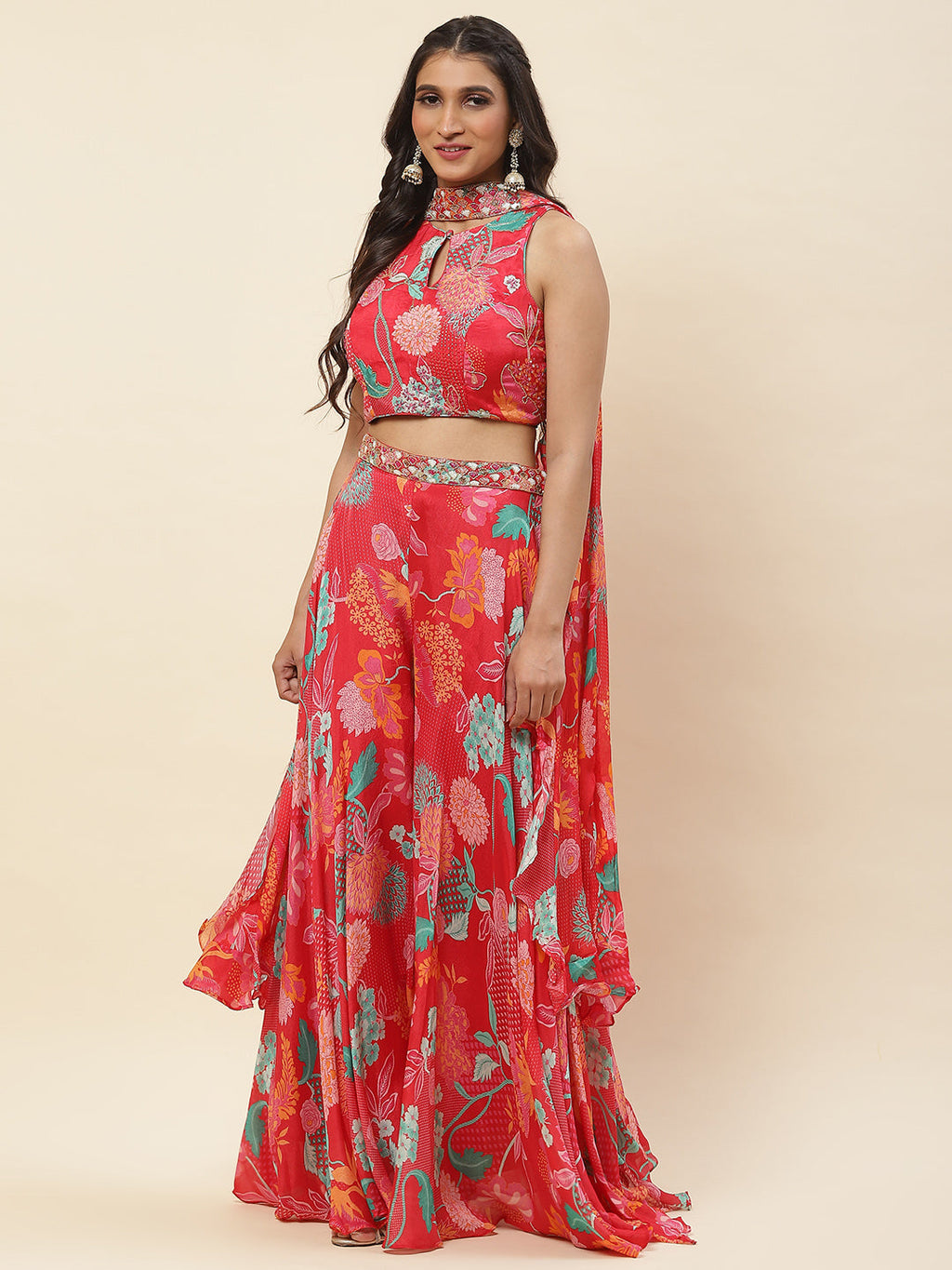 Floral Printed Crepe Crop Top With Palazzo & Dupatta