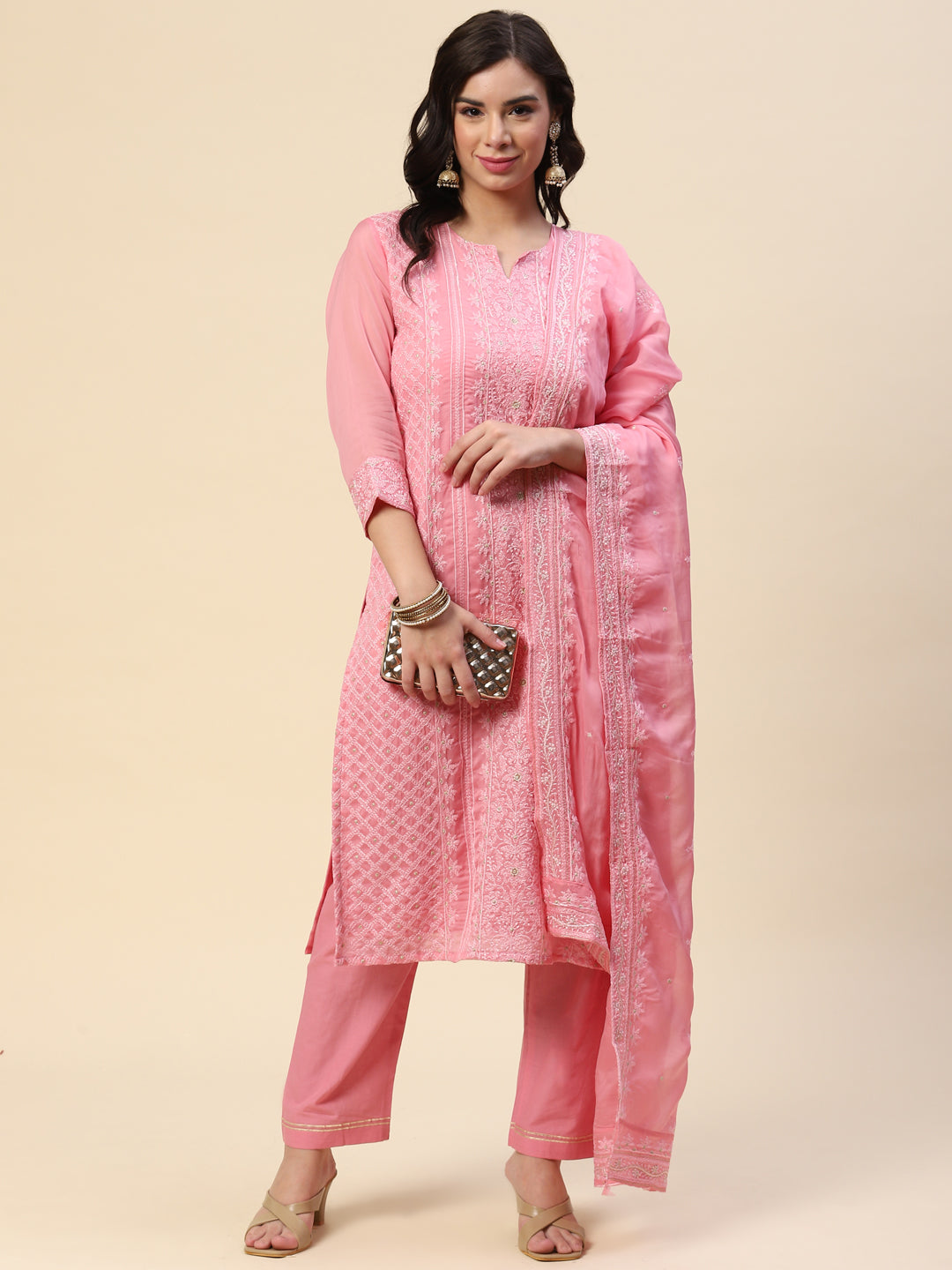 Resham Embroidered Booti Organza Kurta With Pants &amp; Dupatta