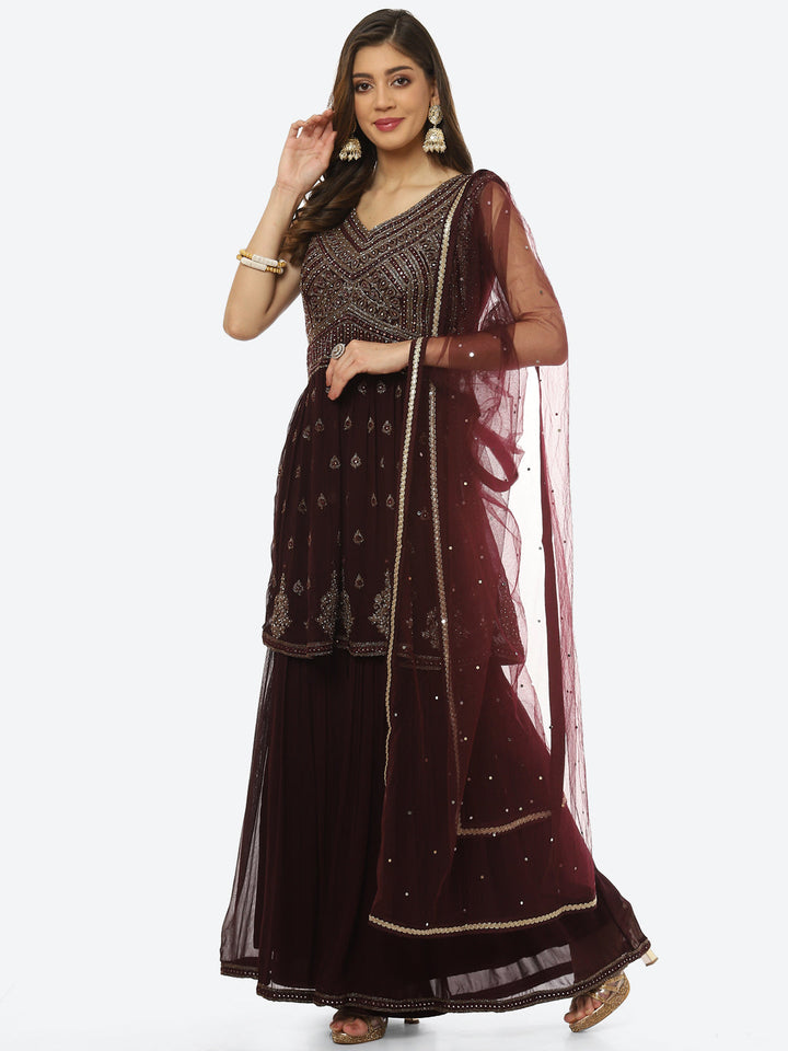 Embroidered Art Georgette Anarkali Kurti With Sharara And Net Dupatta