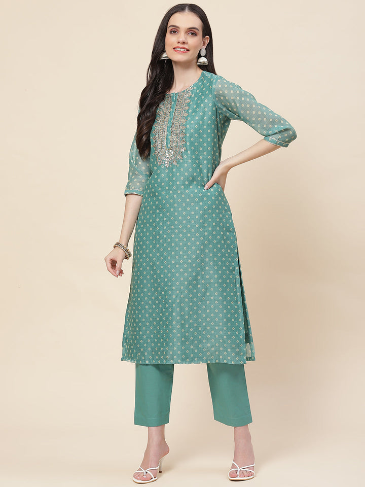 Printed &amp; Neck Embroidered Chanderi Kurta With Pants