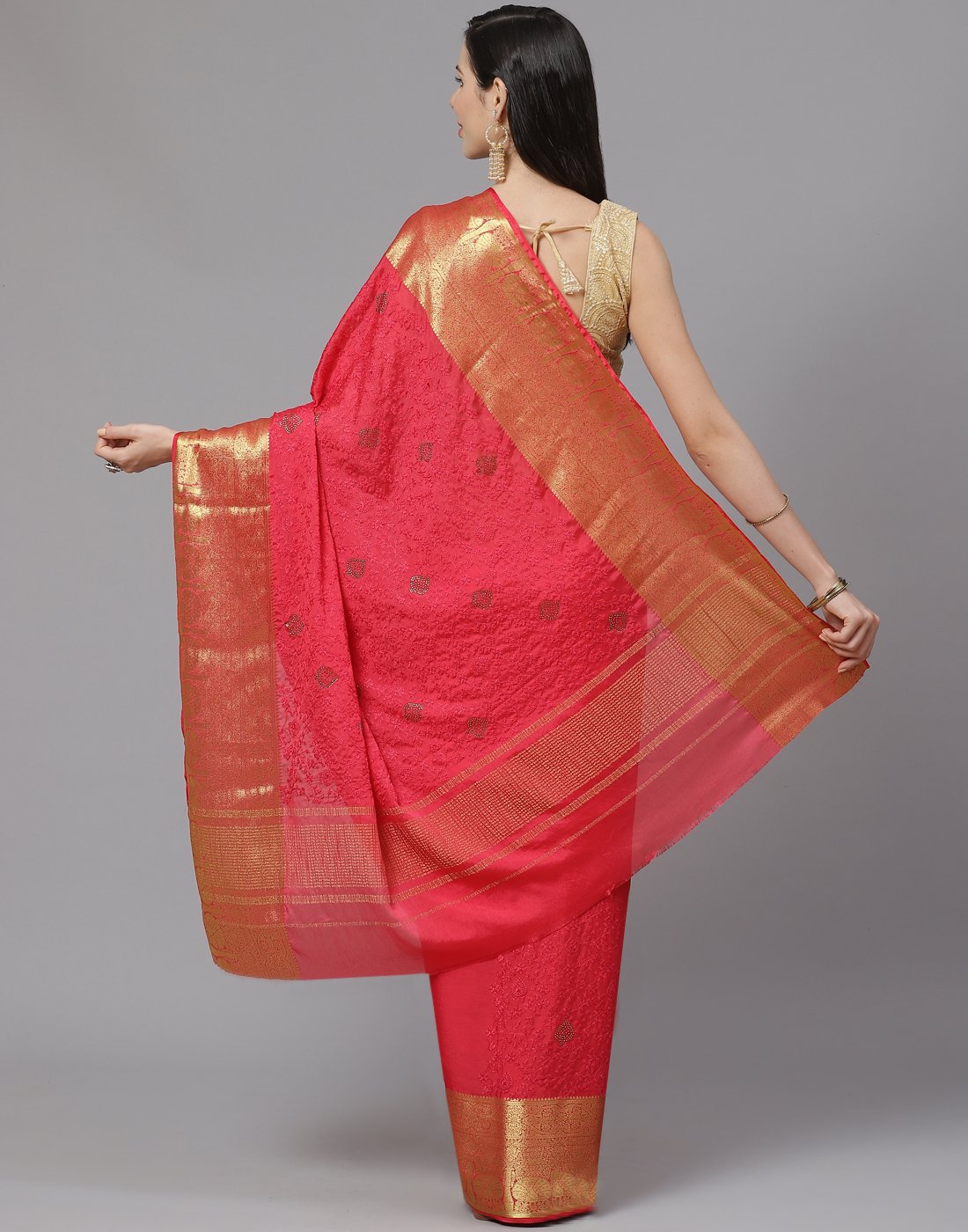 All Over Thread Work Semi Crepe Saree With Zari Border