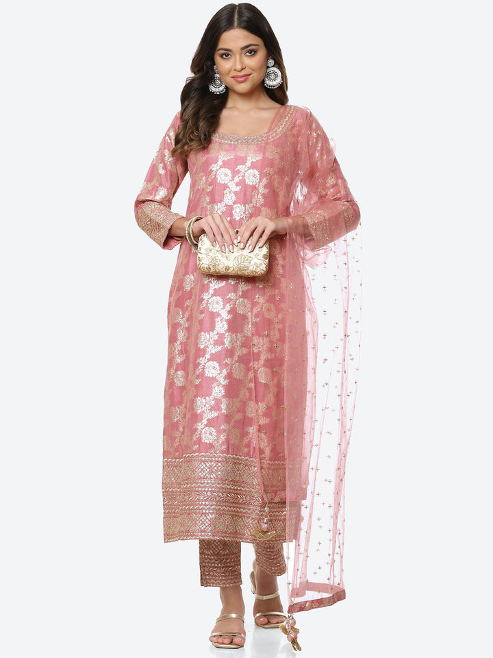 Gota Border Ghera Embroidered Handloom Kurta With Palazzo &amp; Dupatta