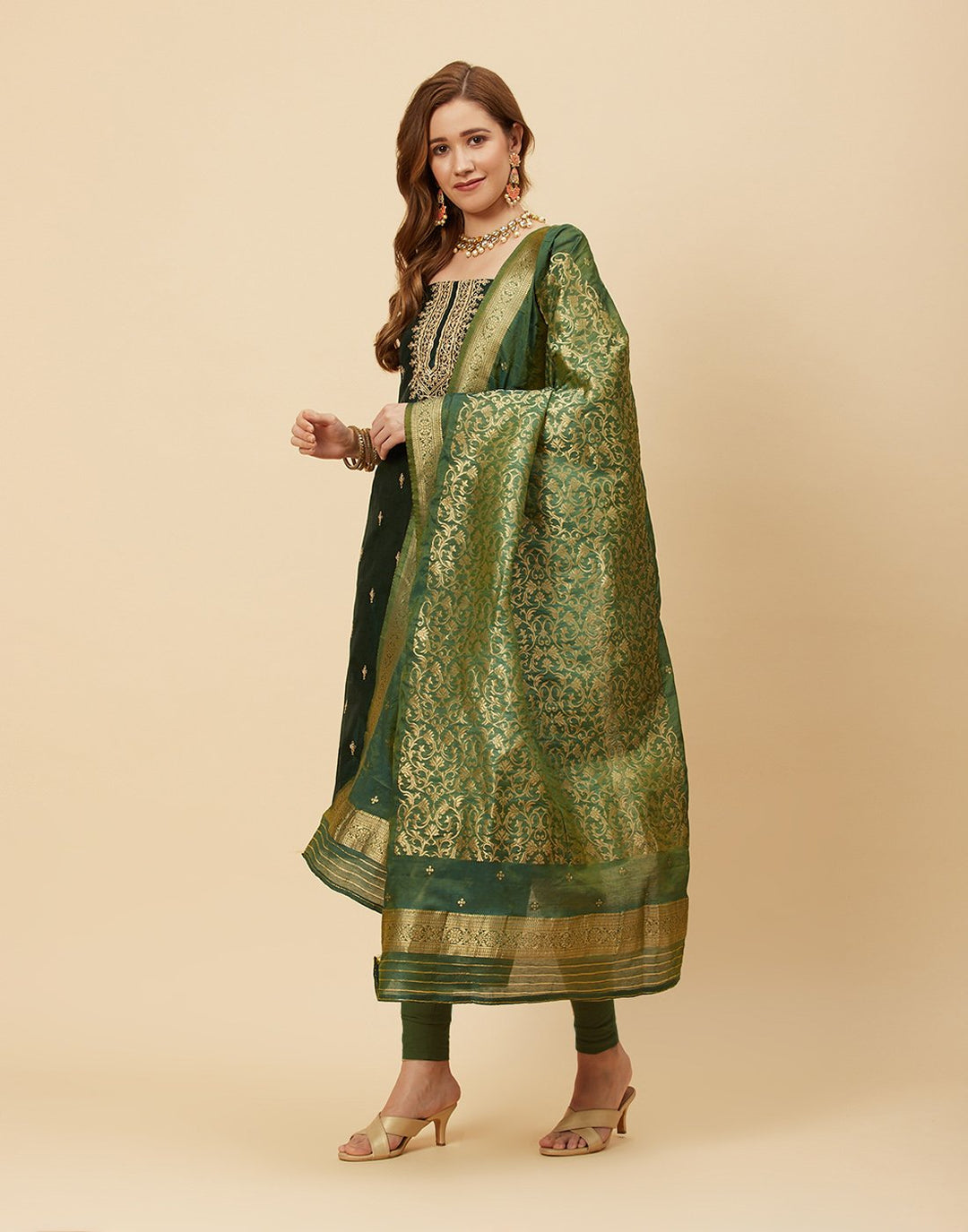 Embroidered chanderi Suit Piece With Banarasi Dupatta