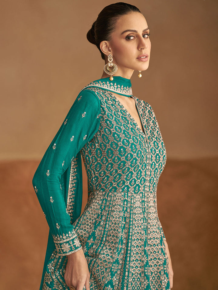 Embroidered Chinon A Line Gown With Dupatta