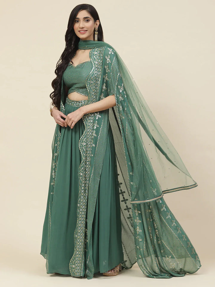 Sequin Embroidered Georgette Lehenga Choli With Dupatta &amp; Jacket