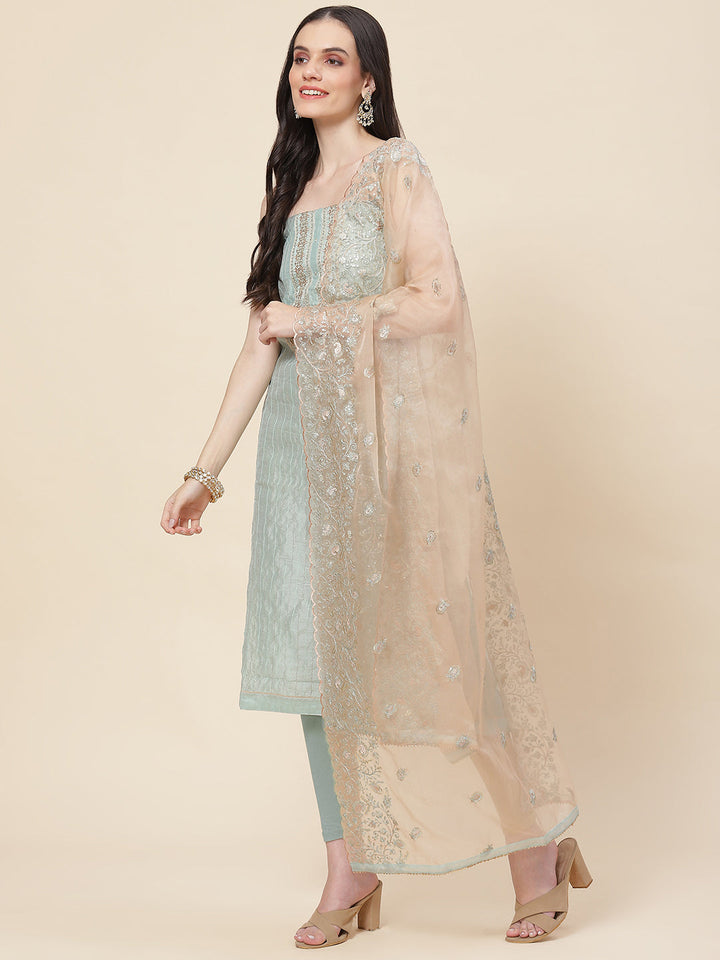 Neck Embroidered Chanderi Unstitched Suit Piece With Dupatta
