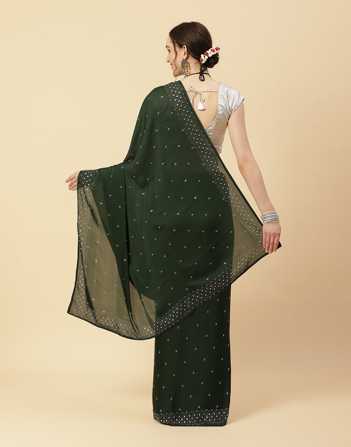 Embroidered Satin Saree With Stone Work