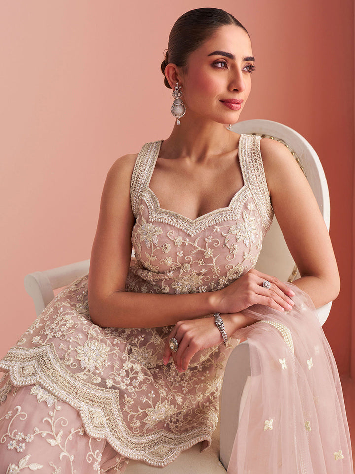 Embroidered Net Kurti With Plazzo &amp; Dupatta
