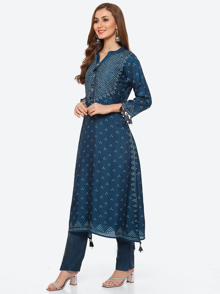 Bandhani Printed Banarasi A-Line Kurta With Pant