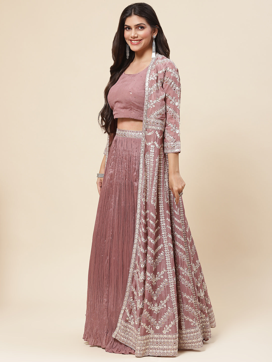 Resham Embroidered Crepe Choli With Lehenga &amp; Jacket