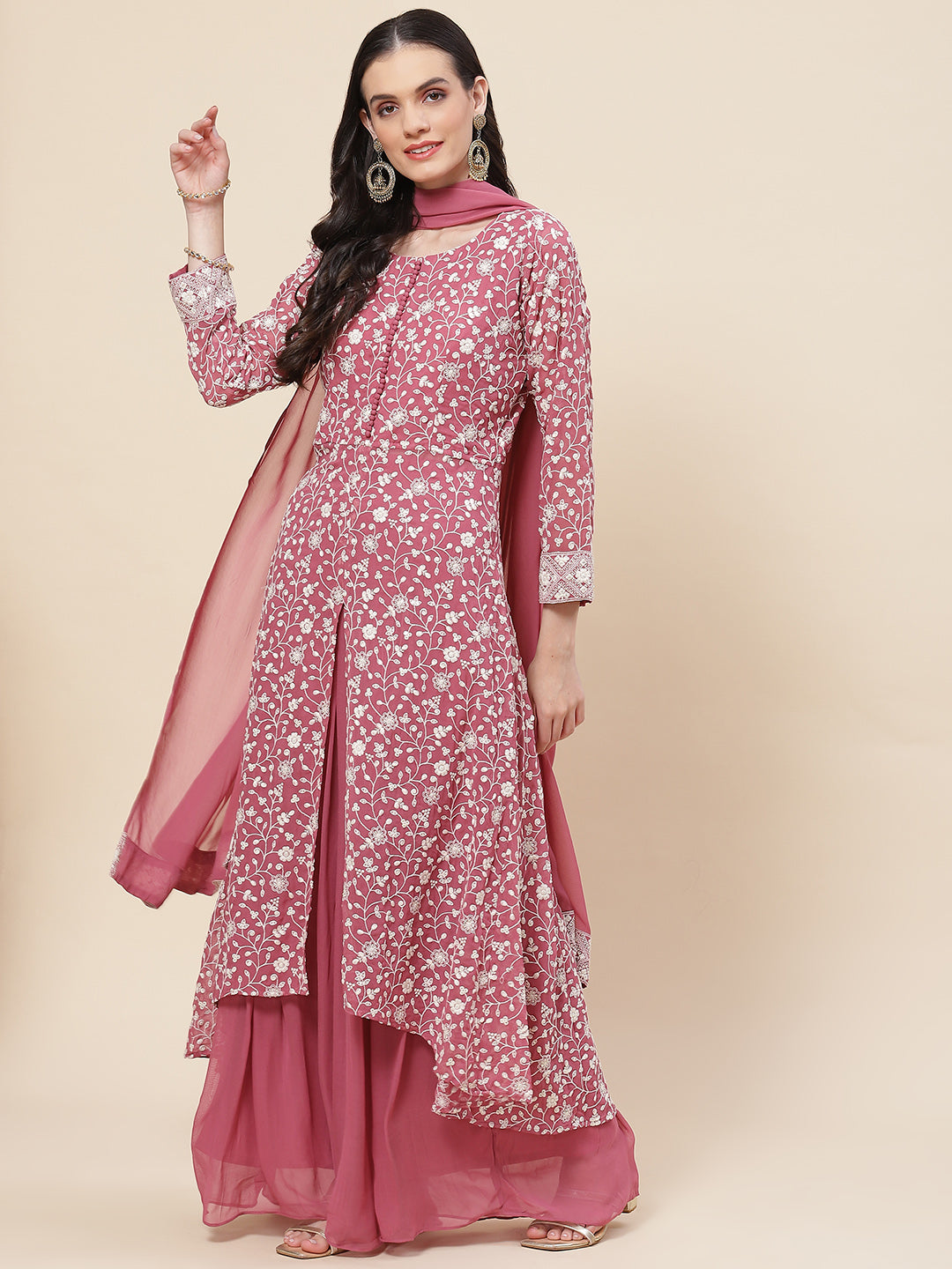 Embroidered Georgette Kurta With Palazzo &amp; Dupatta