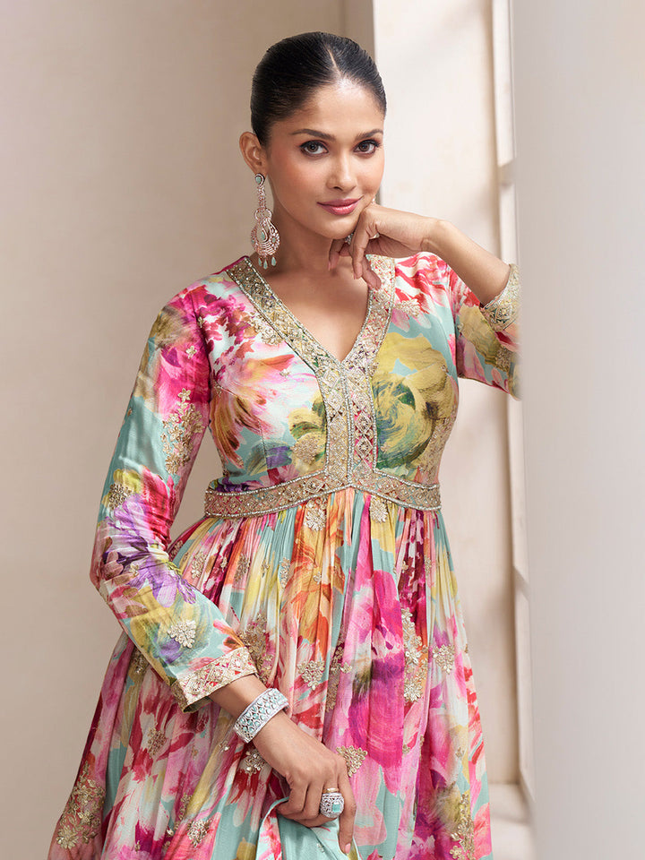 Embroidered Chinnon Kurti With Gharara &amp; Dupatta