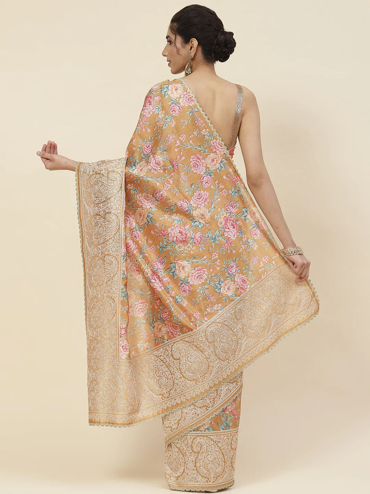 Digital Floral Printed With Resham Border Tussar Saree