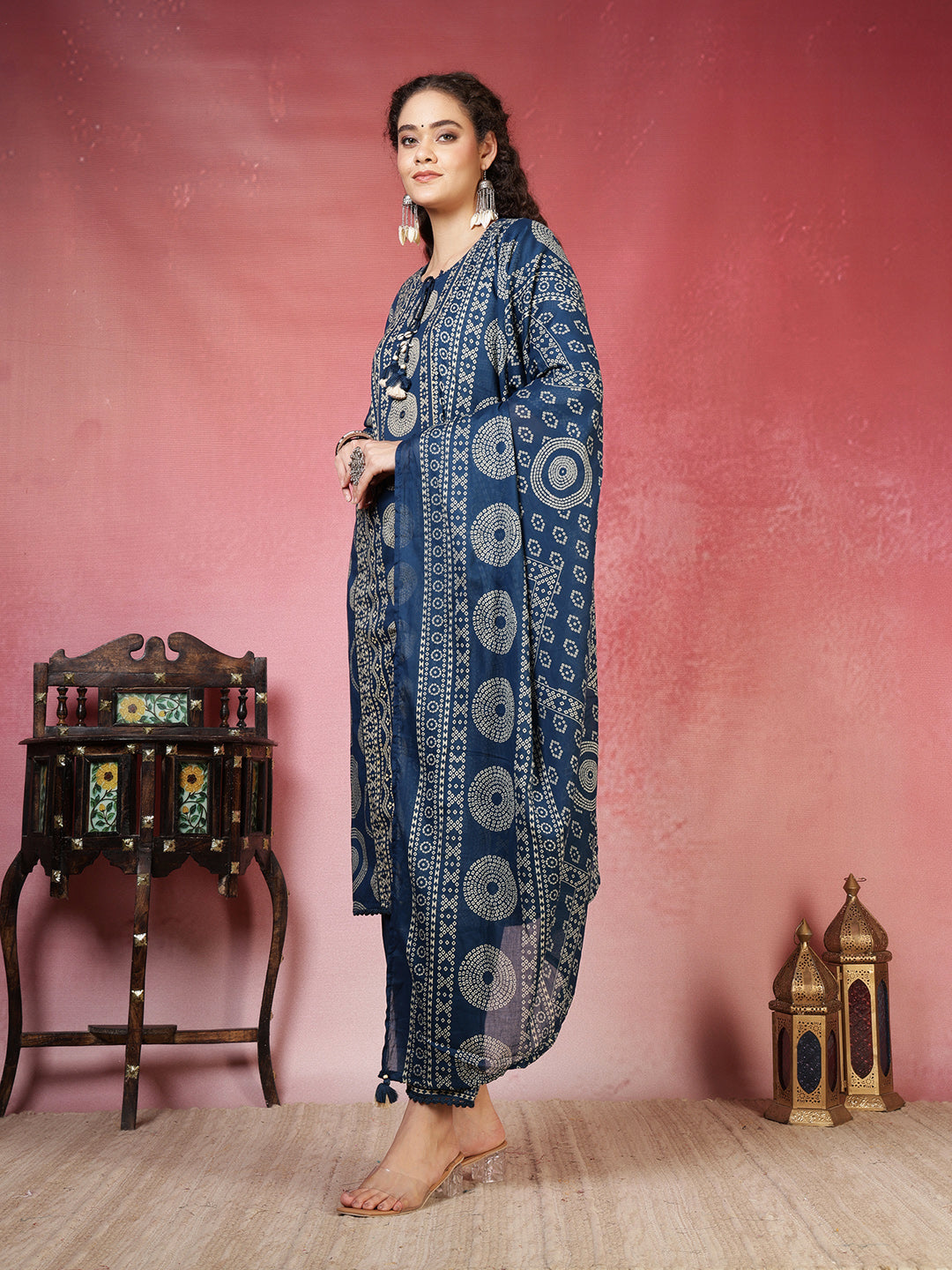 Teal Blue Cotton Blend Printed Straight Suit Set
