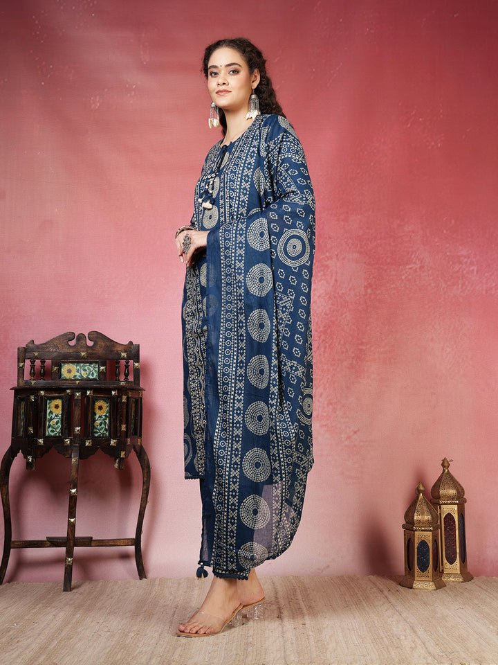 Teal Blue Cotton Blend Printed Straight Suit Set