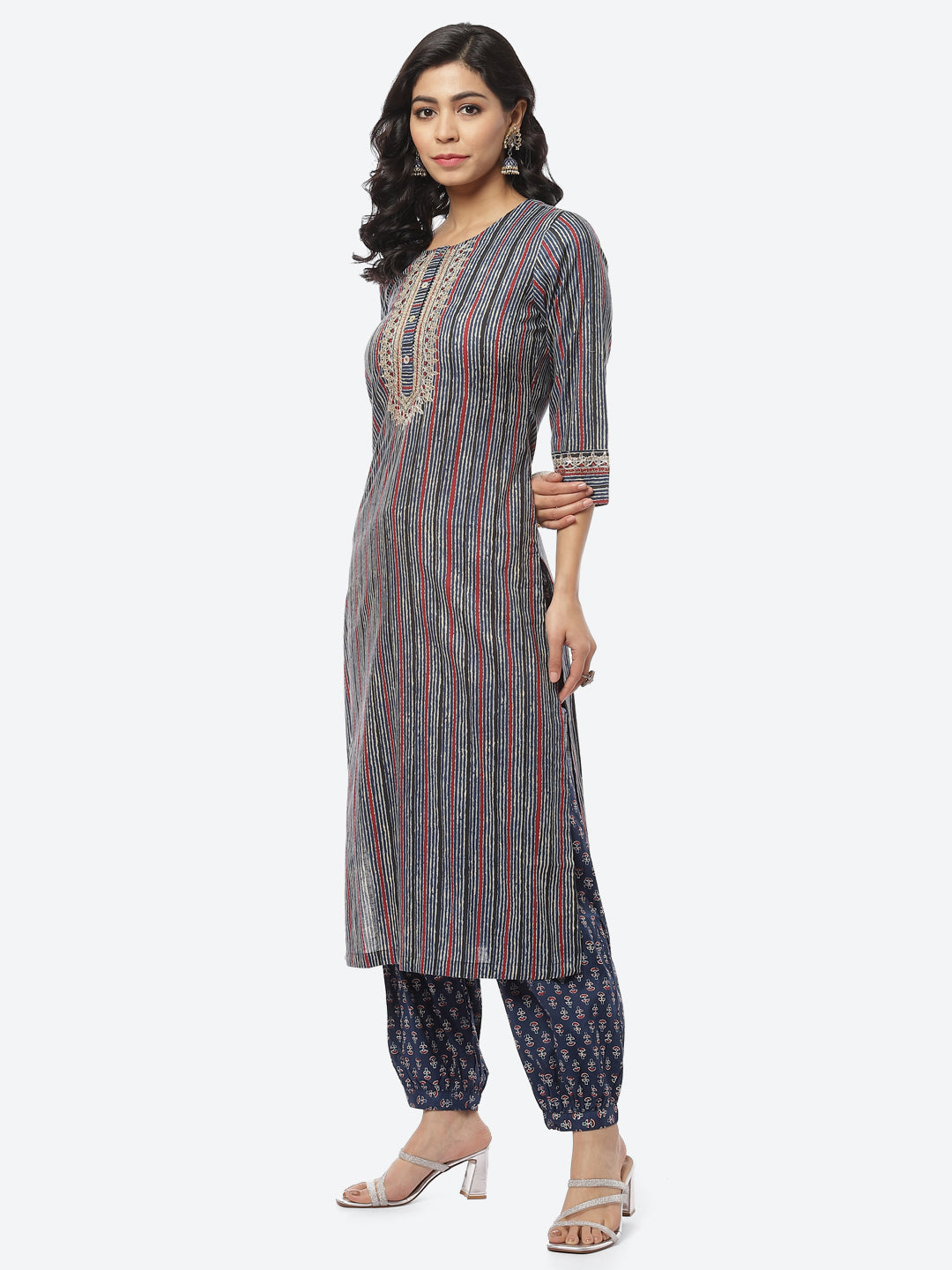 Printed Zari Neck Cotton Kurti With Afghani Pant