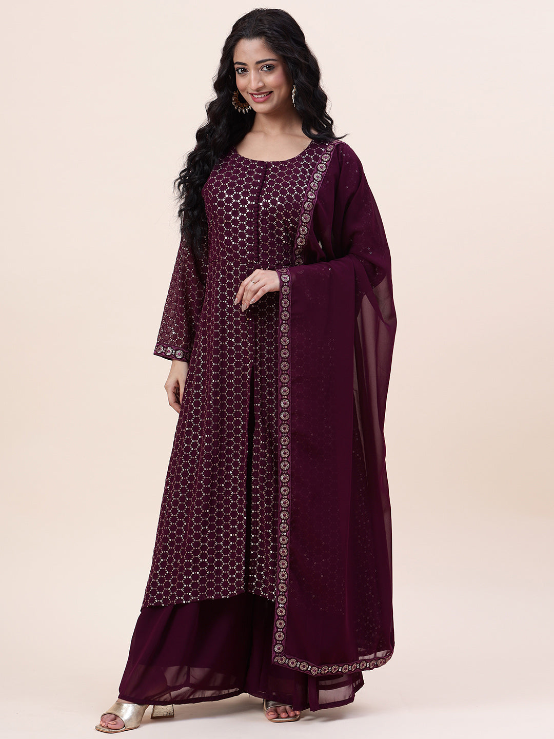 Sequin Embroidered Georgette Kurta With Palazzo &amp; Dupatta